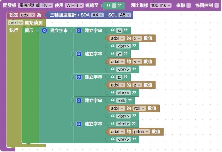顯示三軸加速度計偵測數值