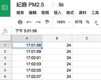 開始偵測,Google 試算表儲存 PM2.5 數值