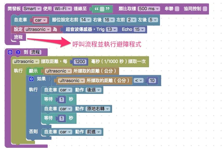 加入流程的避障車程式