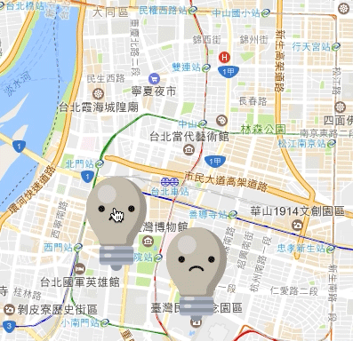 多個燈泡圖示顯示在地圖上